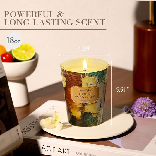 HomeLights 1-Wick Candles for Home Scented - 6.7oz Soy Wax Blend Candle Long-Lasting Fragrance, Industrial Chic Home Decor and Housewarming Gifts, Fireside Wood & Glow