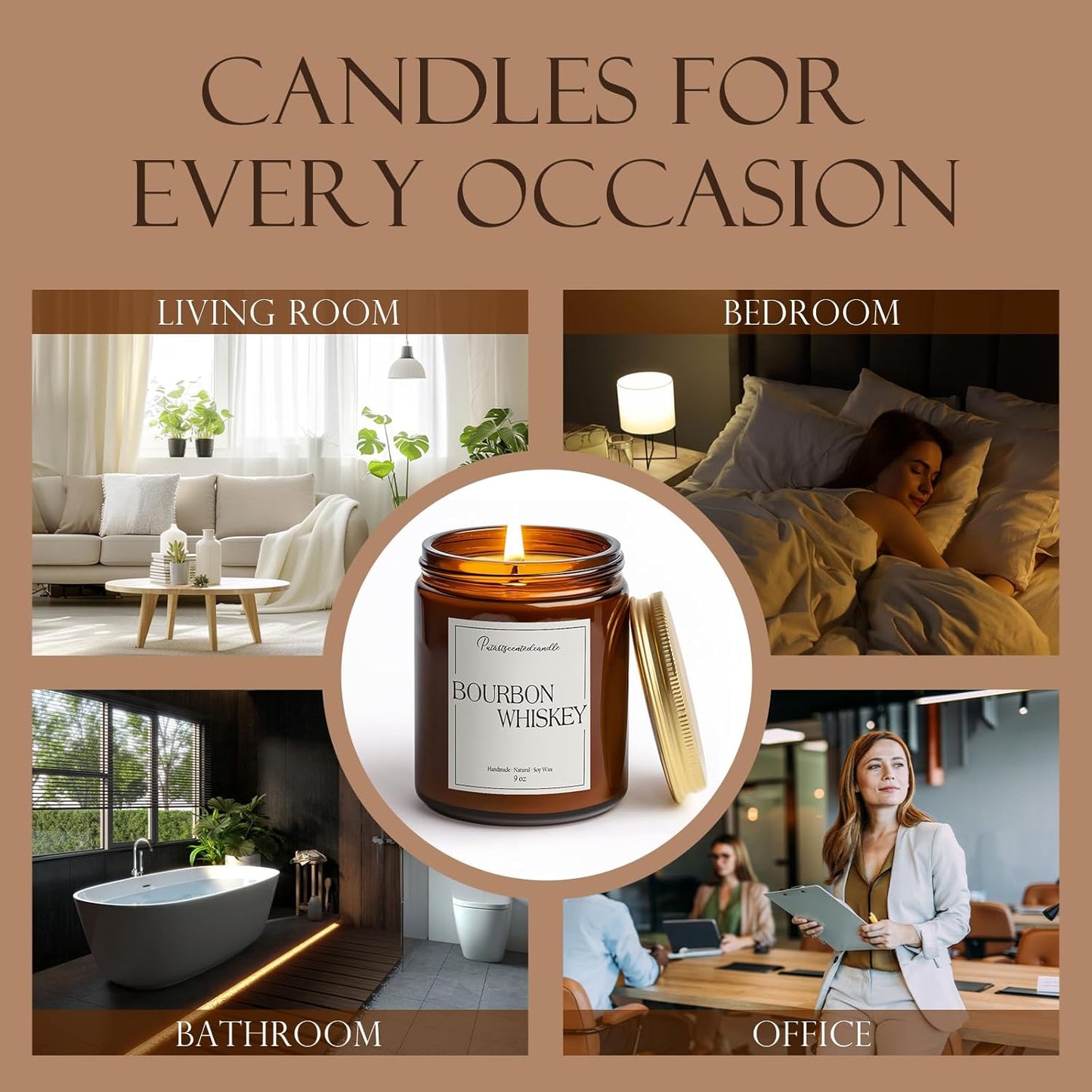 Bourbon Whiskey Scented Candle for Home, Natural Soy Wax Aromatherapy Non Toxic Candle Gifts for Women & Men, Handmade Highly Scented & Long Lasting Jar Candle for Stress Relief (9oz)