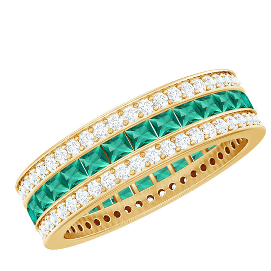 Certified Lab Grown Emerald 3 Row Eternity Wedding Band